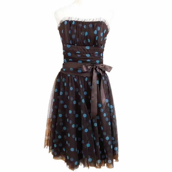 Scott McClintock Brown & Blue Polka Dot Strapless Dress – Size 8 - Picture 1 of 13